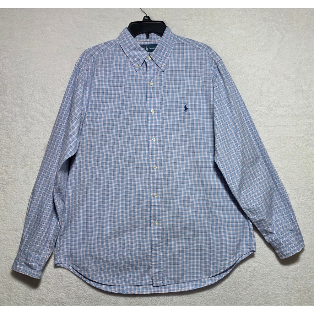 Ralph Lauren Classic Fit Plaid Button Down Shirt Blue Pink 16.5 34/35 Men's XL